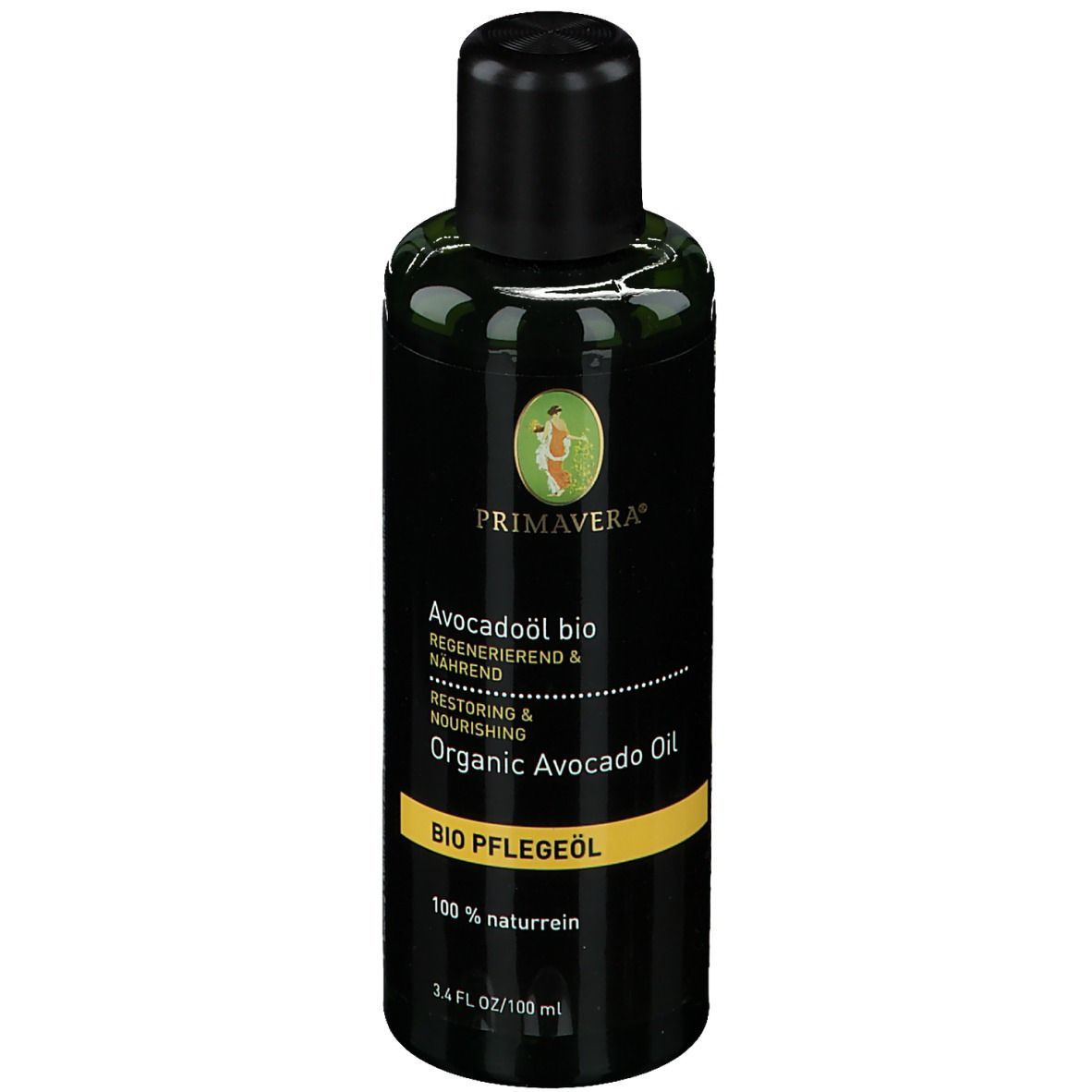 Dunkle Glasflasche PRIMAVERA® Avocadoöl BIO. Schwarzer Deckel, gelbes Etikett mit Text. 100% naturrein.