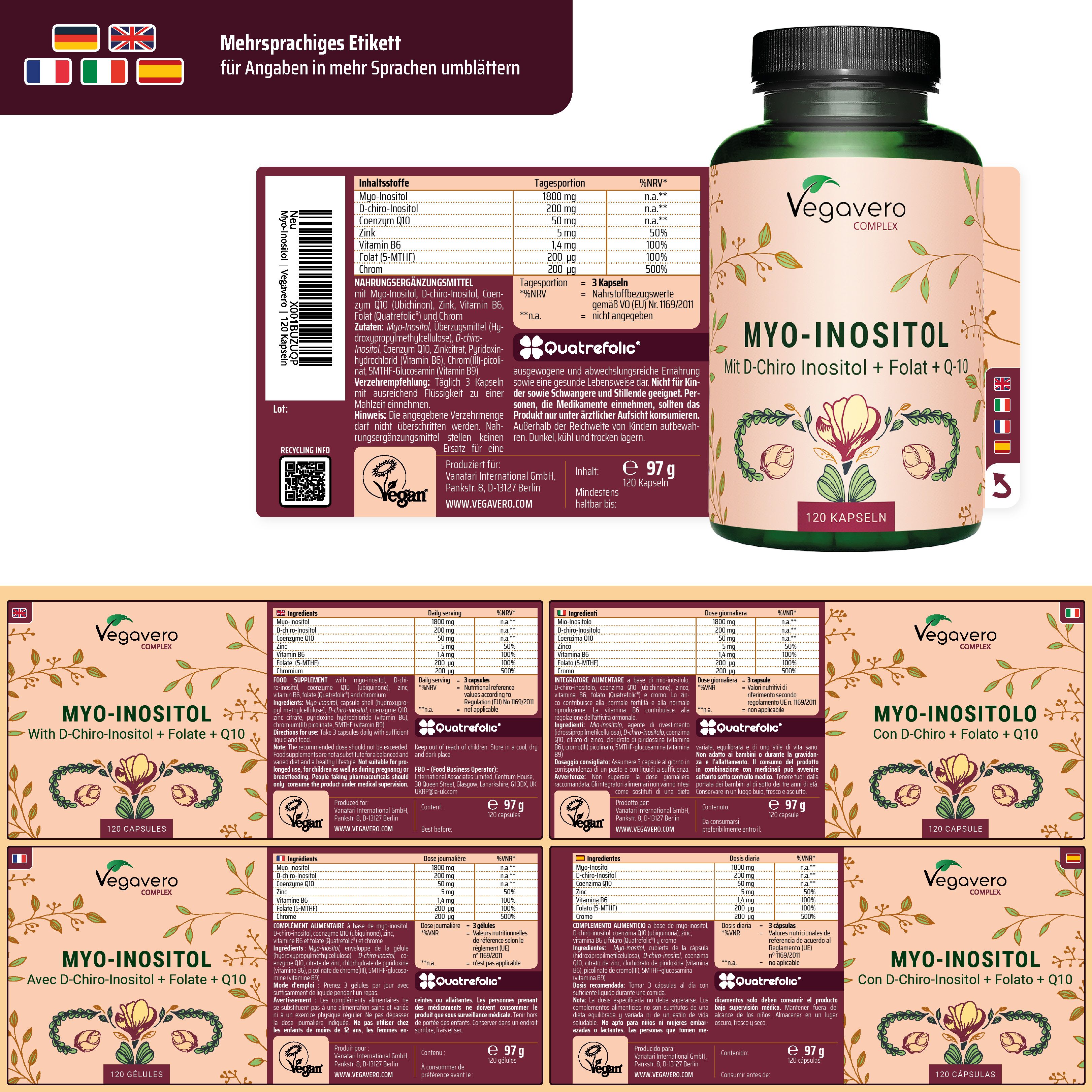 Mehrsprachiges Etikett und Flasche mit Produktetikett. Mehrere Etiketten mit Produktinformationen. Marke: Vegavero.