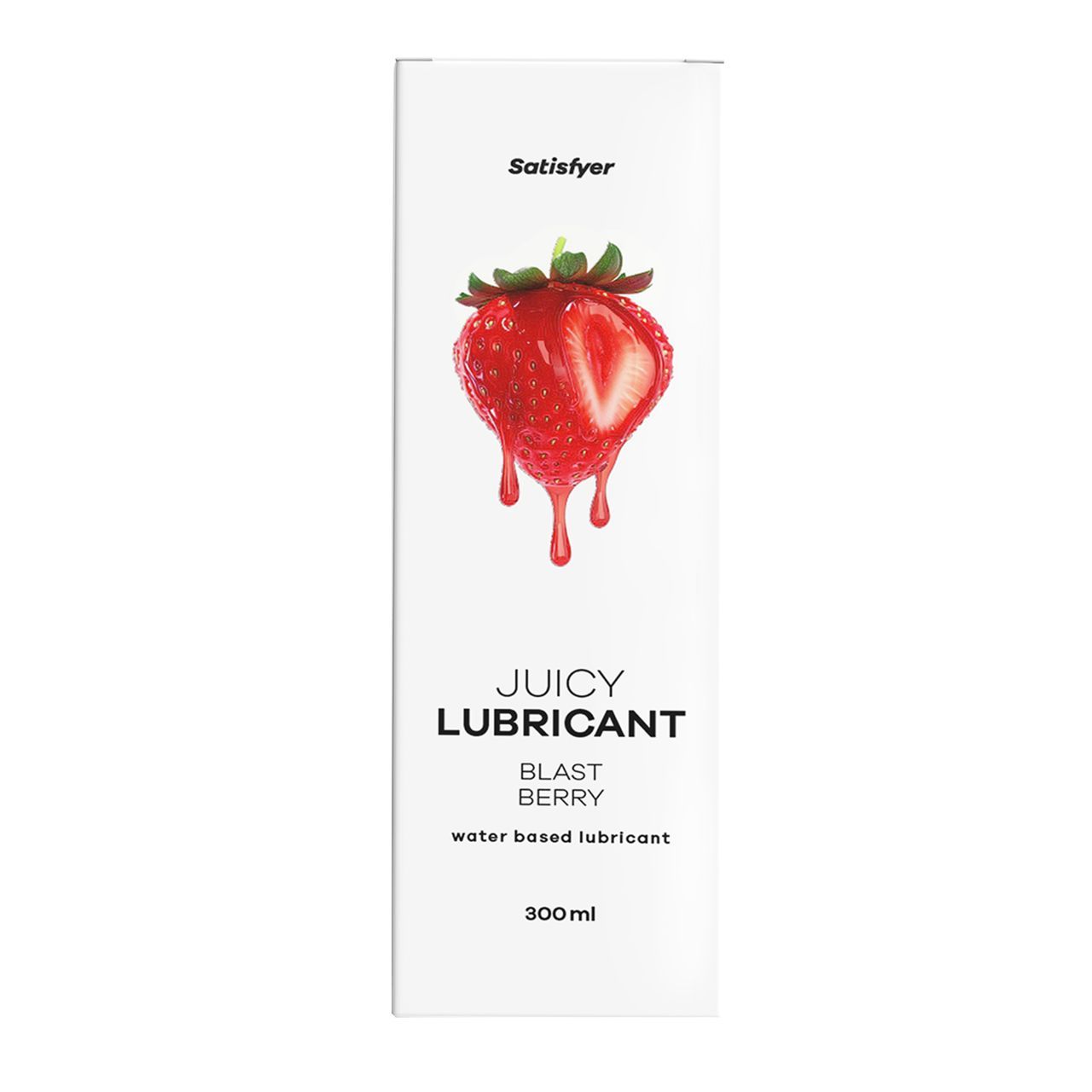 Weißer Karton mit roter Erdbeere und Tropfen. Oben steht "Satisfyer". Darunter "Juicy Lubricant Blast Berry". Unten "water based lubricant".