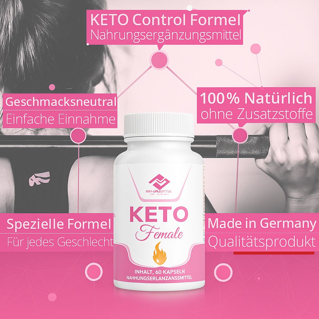 Weiße Flasche mit rosa Etikett. Aufschrift: KETO Female, Pharma Health Logo, 60 Kapseln. Flammen-Symbol. Zusätzliche Textfelder.