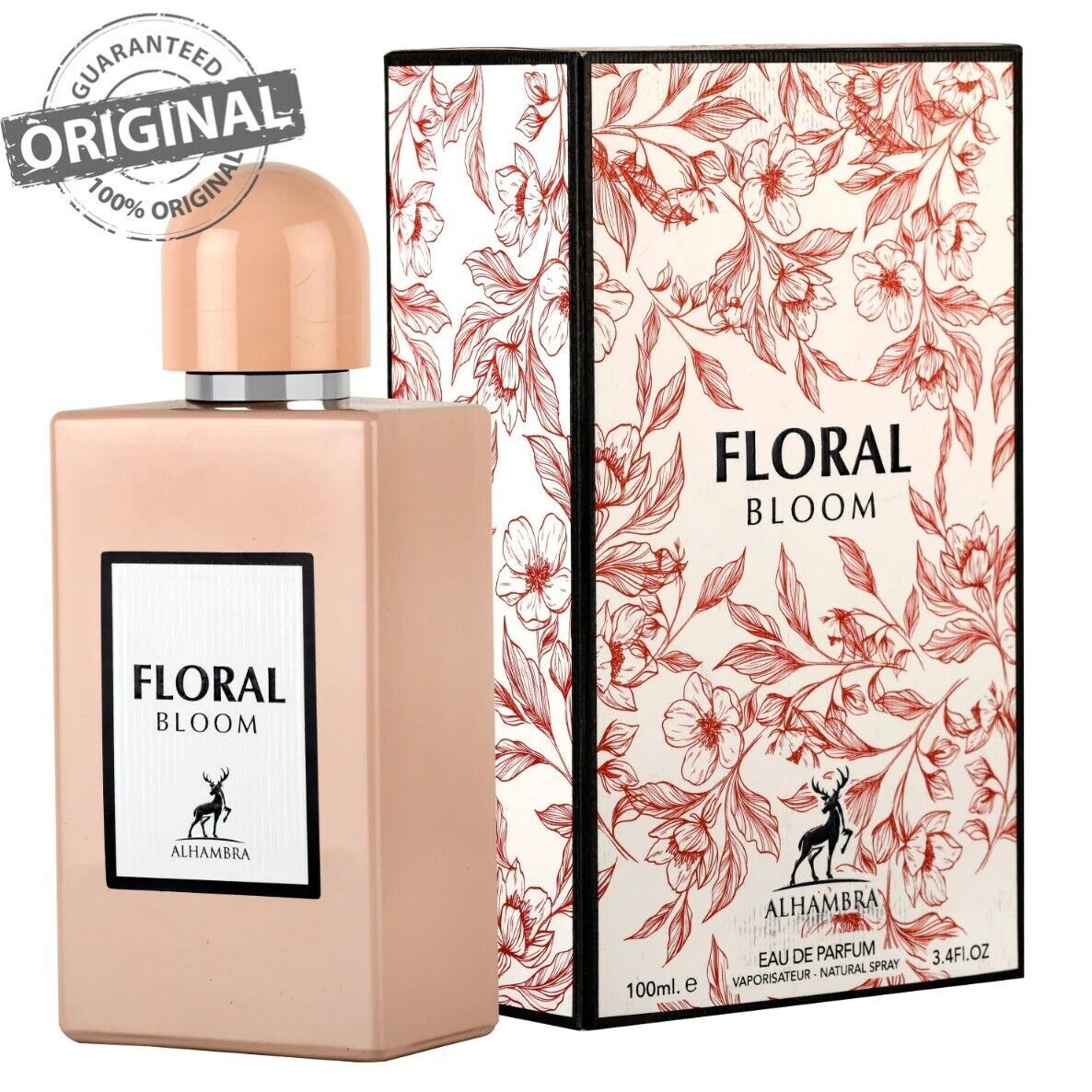 Rosa Flakon mit silbernem Verschluss und Verpackung mit Blumenmuster. Aufschrift: FLORAL BLOOM, Alhambra.