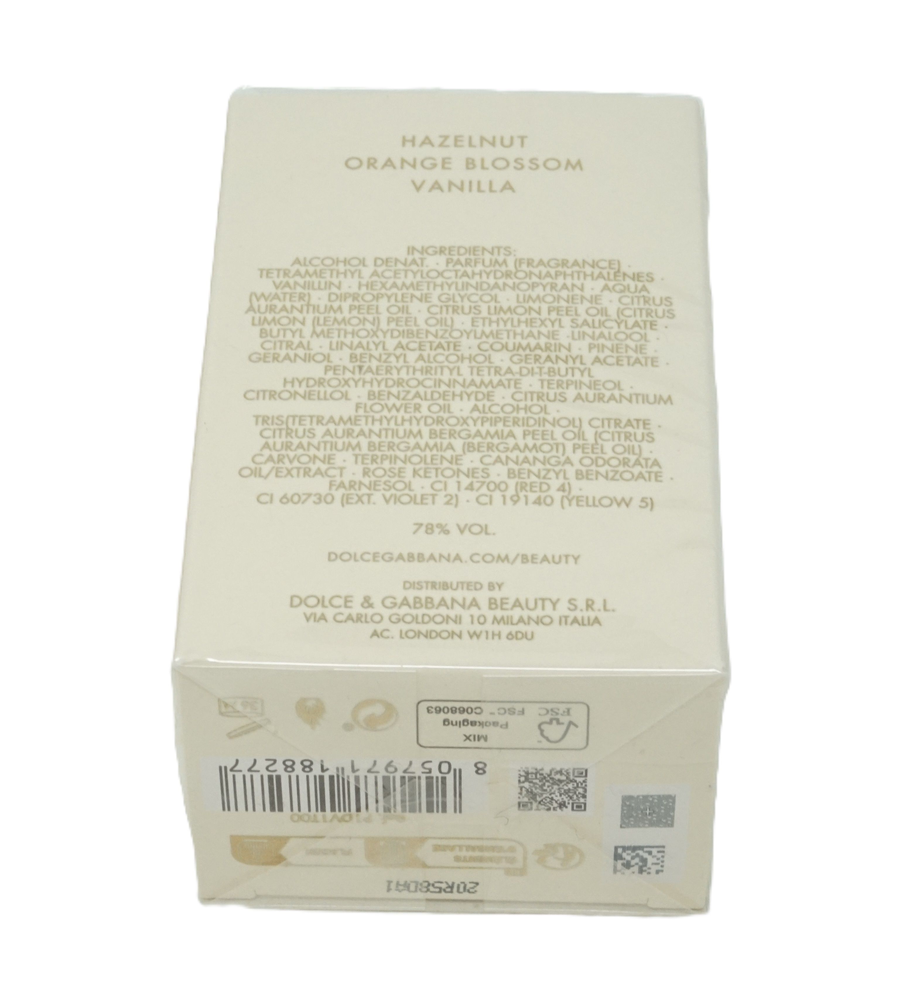 Parfümverpackung. Aufschrift: Hazelnut, Orange Blossom, Vanilla. Inhaltsstoffe und Informationen. Dolce & Gabbana Beauty.
