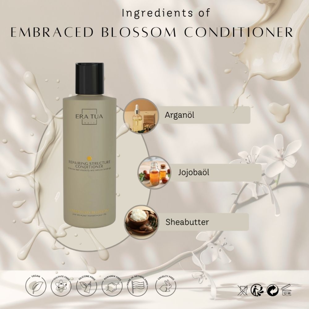 Flasche mit Conditioner, daneben Inhaltsstoffe: Arganöl, Jojobaöl, Sheabutter. Text: Embraced Blossom Conditioner.