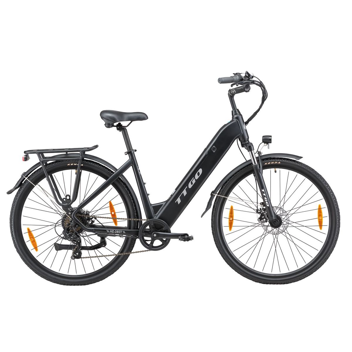 Schwarzes E-Bike TTGO. Gepäckträger, Schutzbleche, Scheinwerfer und Reflektoren. Kenda-Reifen.