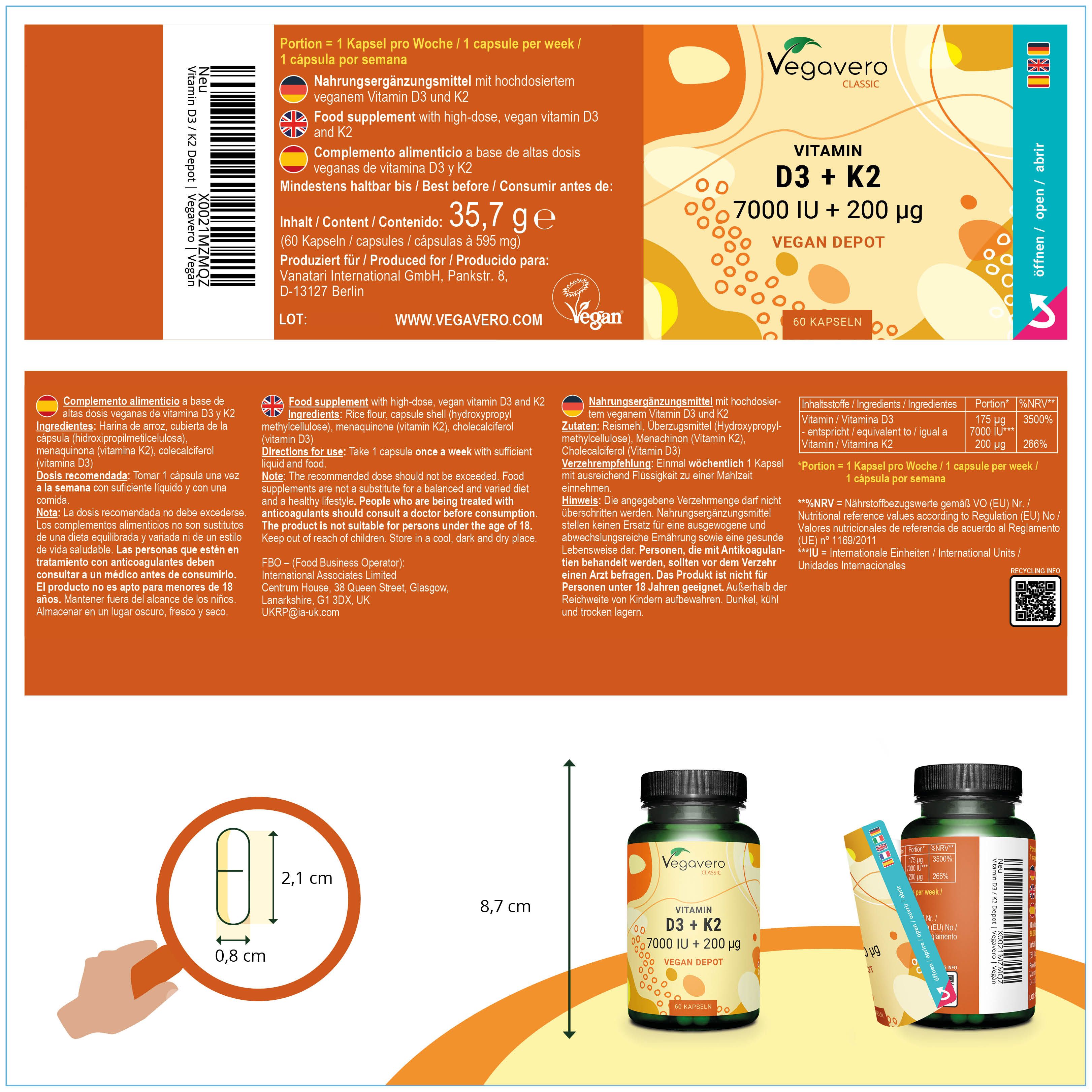 Produktverpackung mit Informationen. Enthält eine Flasche und eine Packungsbeilage. Zeigt Maße und Inhaltsstoffe.