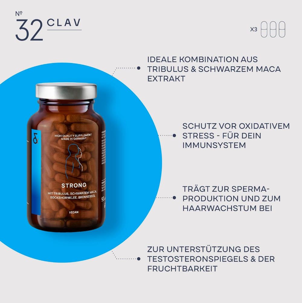 Braune Kapseln in einer braunen Glasflasche. Text: STRONG, Nr. 32 CLAV. Zusätzliche Informationen.