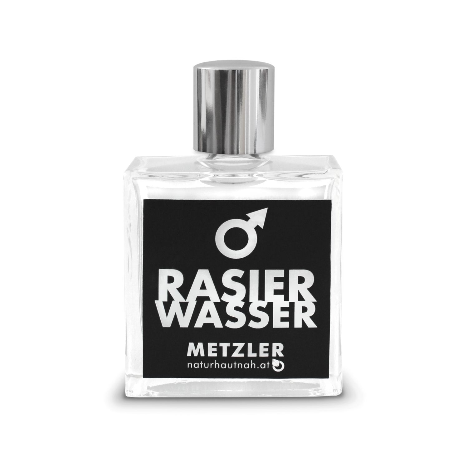 Klarflüssiges Rasierwasser in quadratischer Glasflasche mit silbernem Verschluss. Schwarzes Etikett mit weißer Schrift: RASIER WASSER, METZLER.