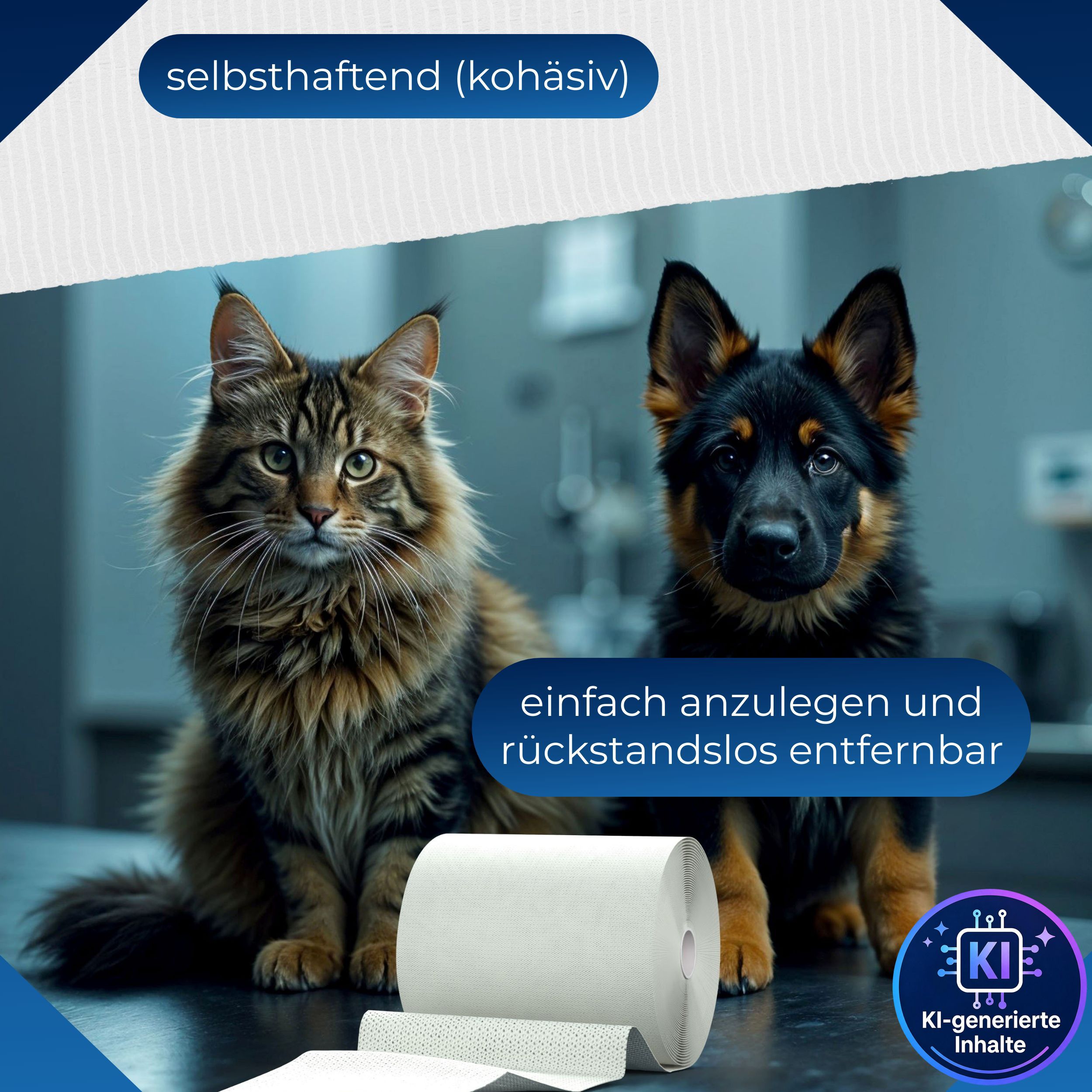 Selbsthaftende Fixierbinde mit Katze und Hund. Einfach anzulegen und rückstandslos entfernbar.