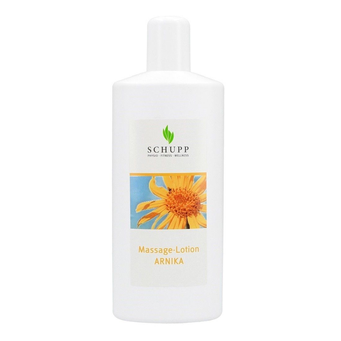 Weiße Flasche mit Etikett. Aufschrift: Schupp, Massage-Lotion Arnika. Abbildung einer gelben Blüte.