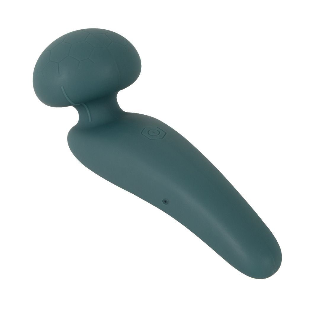 Türkisfarbenes Massagegerät mit rundem Kopf mit Wabenmuster und ergonomischem Griff. Auf dem Griff ist ein Symbol.