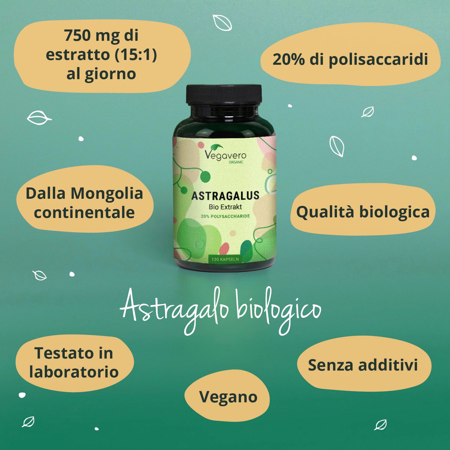 Flacone Astragalus Bio Extrakt. Testo: 750 mg estratto, 20% polisaccaridi, qualità bio, senza additivi, vegano.