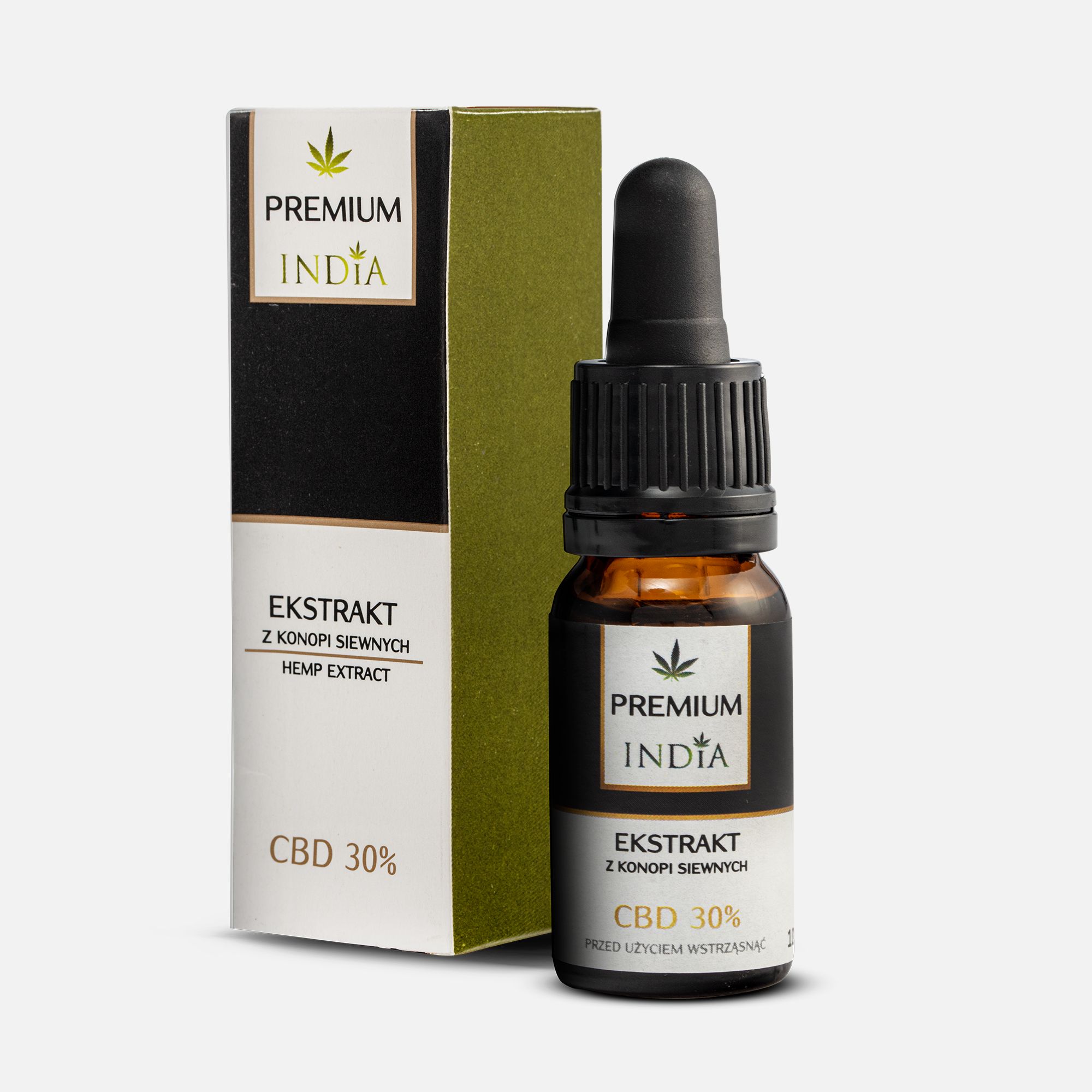 Braune Glasflasche mit schwarzem Deckel und Pipette, neben einer Verpackung. Auf der Flasche und Verpackung steht "PREMIUM INDIA" und "CBD 30%".