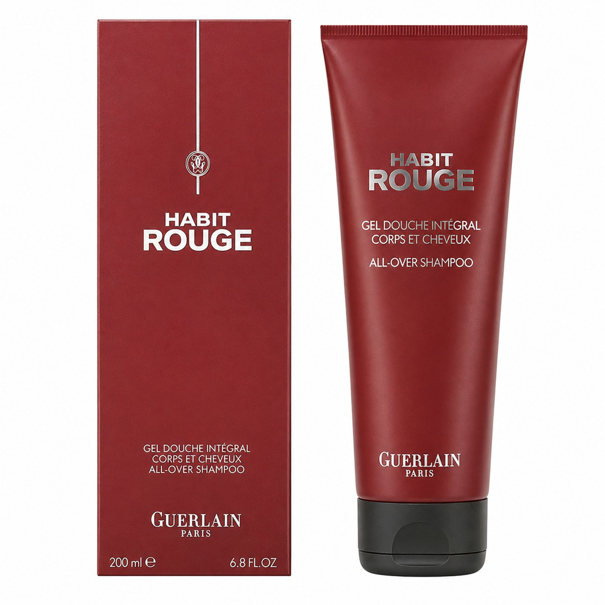 Guerlain Habit Rouge Duschgel-Verpackung und Flasche.