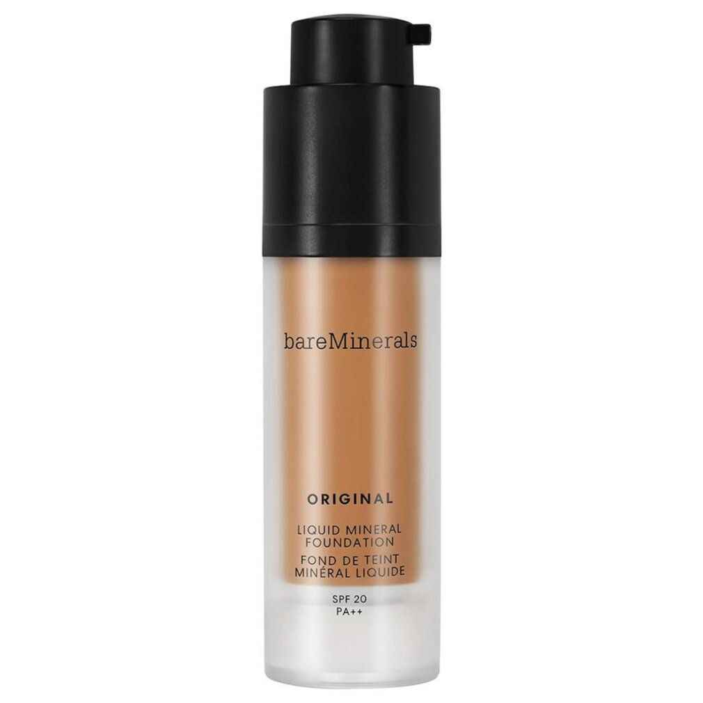 Flüssigfoundation in einer Flasche mit schwarzem Pumpverschluss. Aufschrift: ORIGINAL, Liquid Mineral Foundation, SPF 20, 24-neutral dunkel.