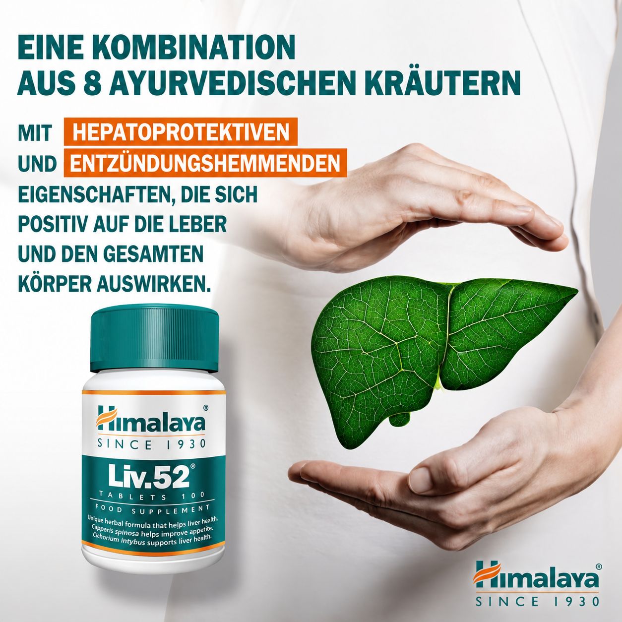 Himalaya Liv.52 Tabletten: Flasche und Hände, die eine stilisierte Leber umschließen.