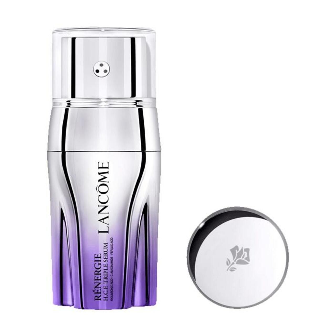 Serumflasche mit Deckel. Aufschrift: Lancôme, Rénergie H.C.F. Triple Serum. Deckel mit Rosenlogo.
