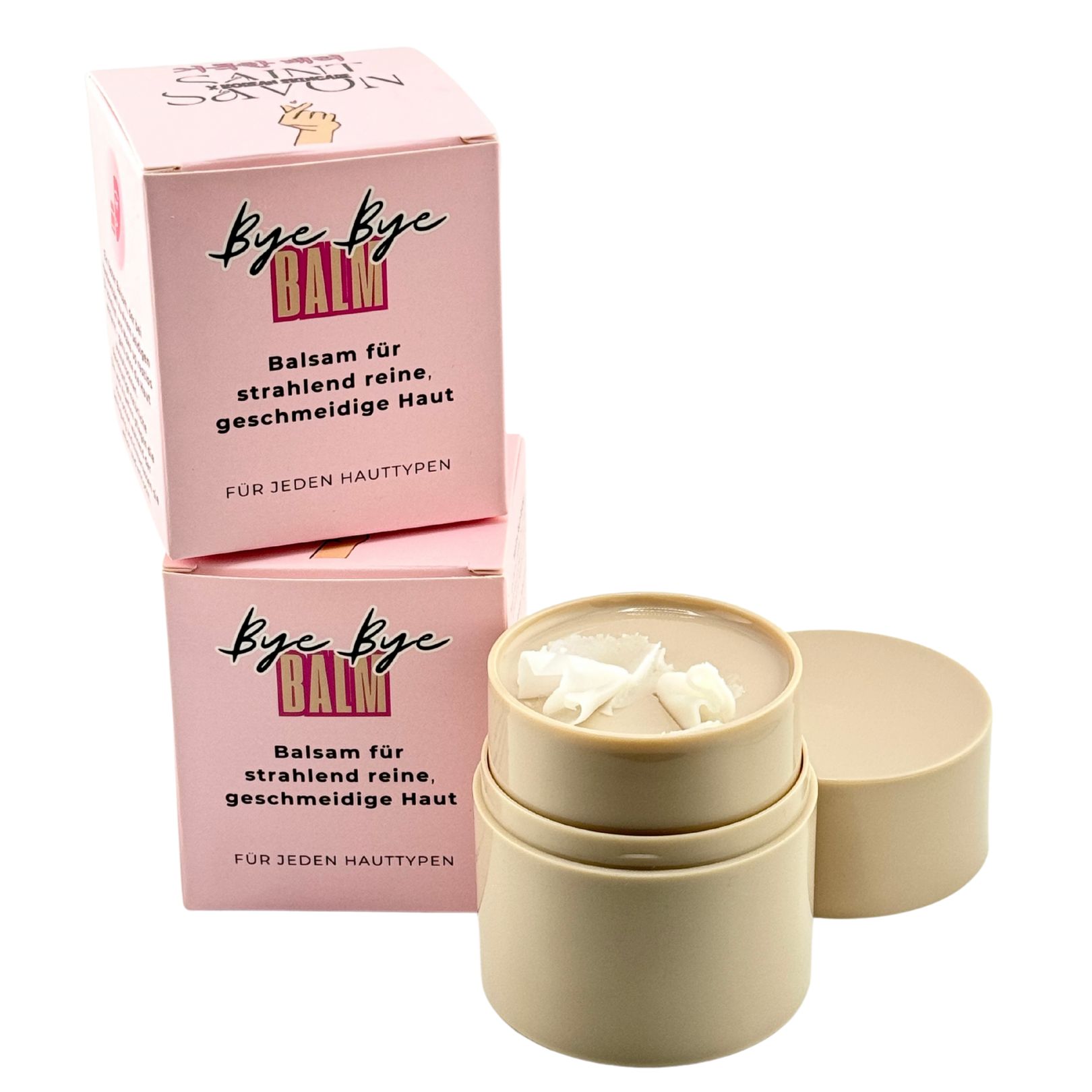 Beige Balm in einem runden Behälter mit weißem Inhalt. Zwei rosa Schachteln mit Text.