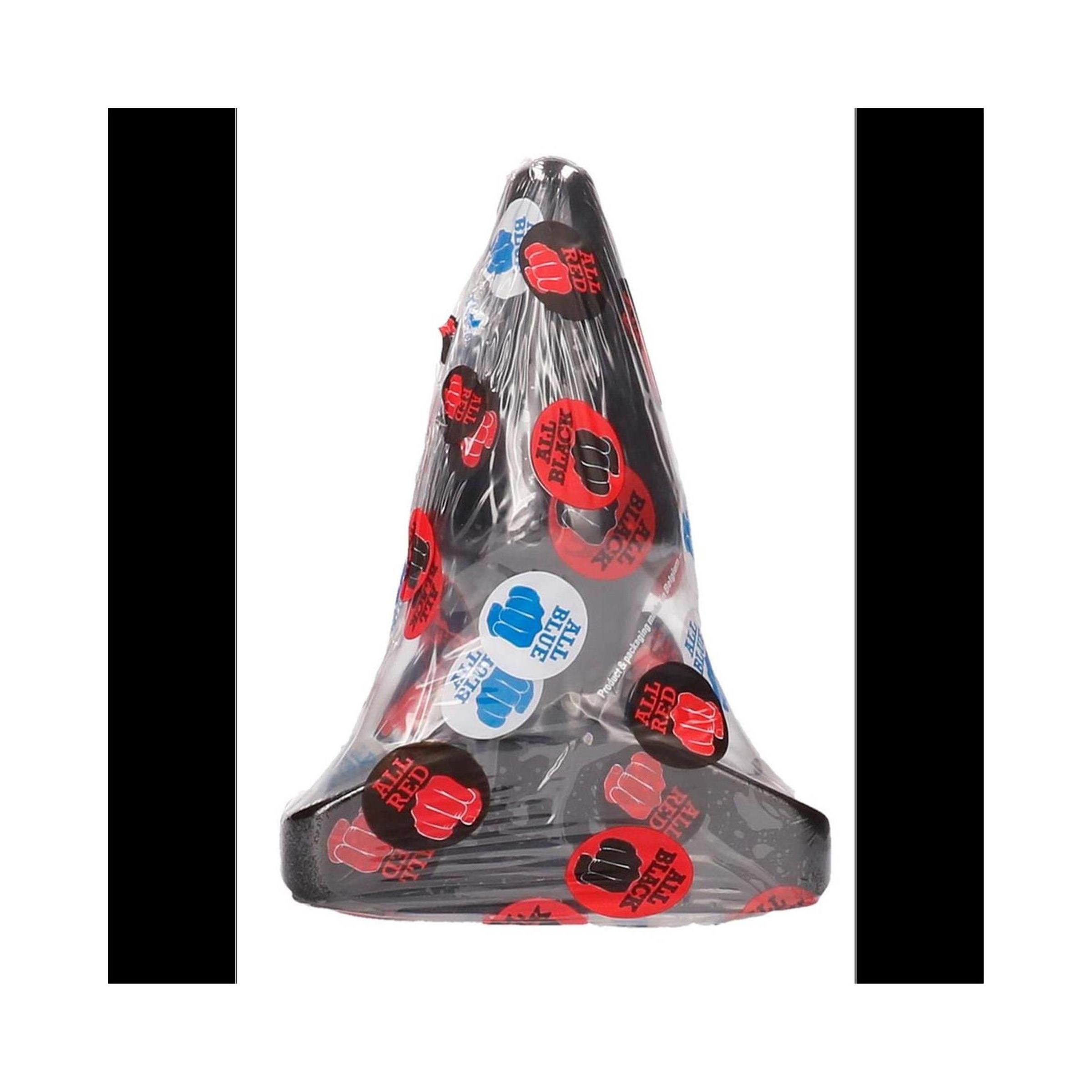 Schwarzer Analsex-Plug, verpackt. Aufkleber mit roter und blauer Schrift: ALL BLACK, ALL RED. Konische Form, breite Basis.