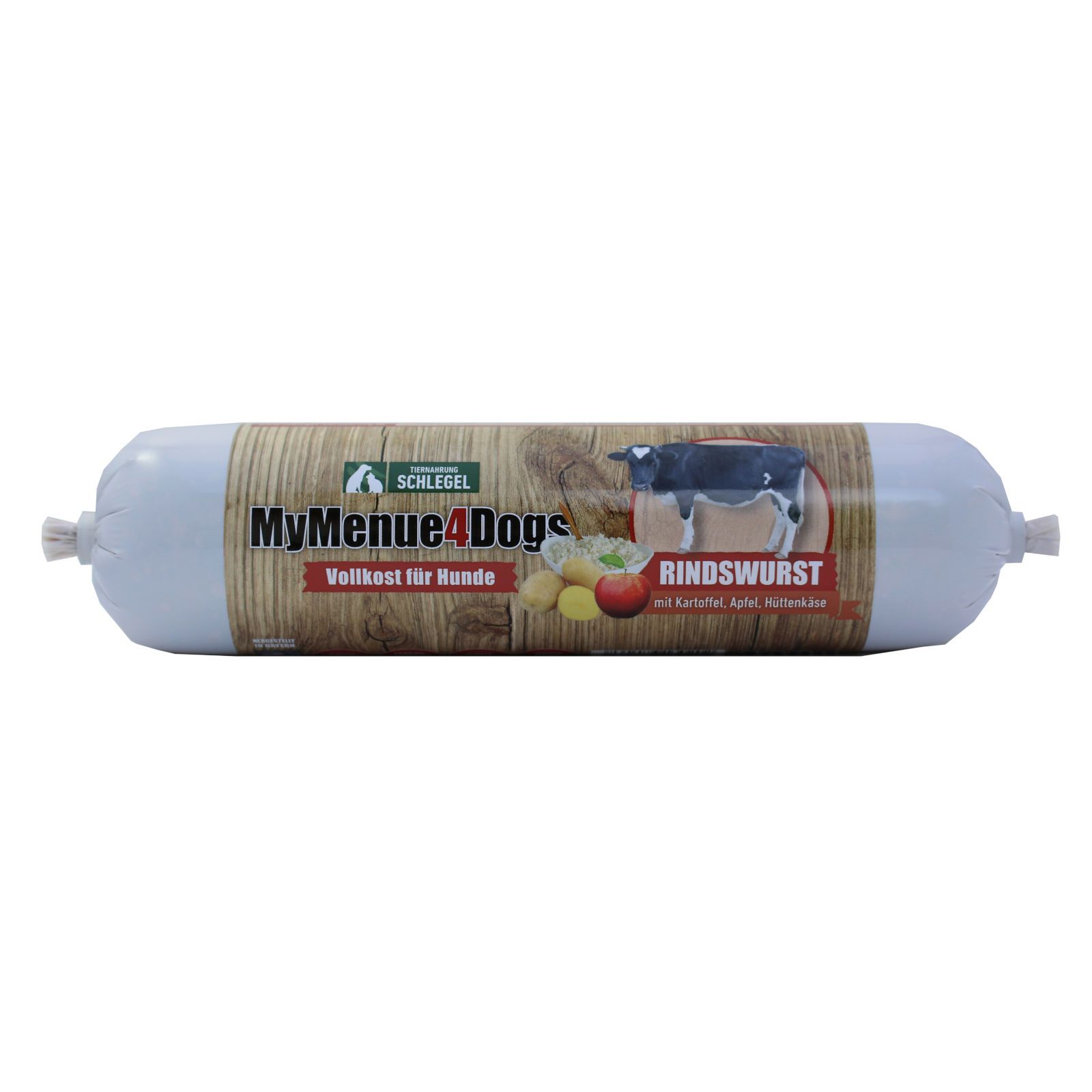 Wurst für Hunde. Zylindrische Form, weiße Enden, braune Mitte mit Aufdruck. Text: MyMenue4Dogs, Rindswurst.