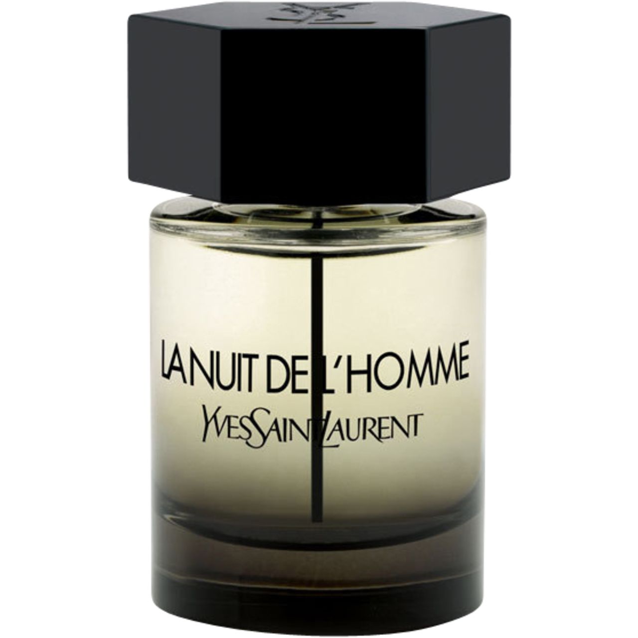 Yves Saint Laurent La Nuit de L'Homme E.d.T. Vapo. Zylindrischer Flakon mit schwarzem, sechseckigem Deckel. Schwarze Schrift.