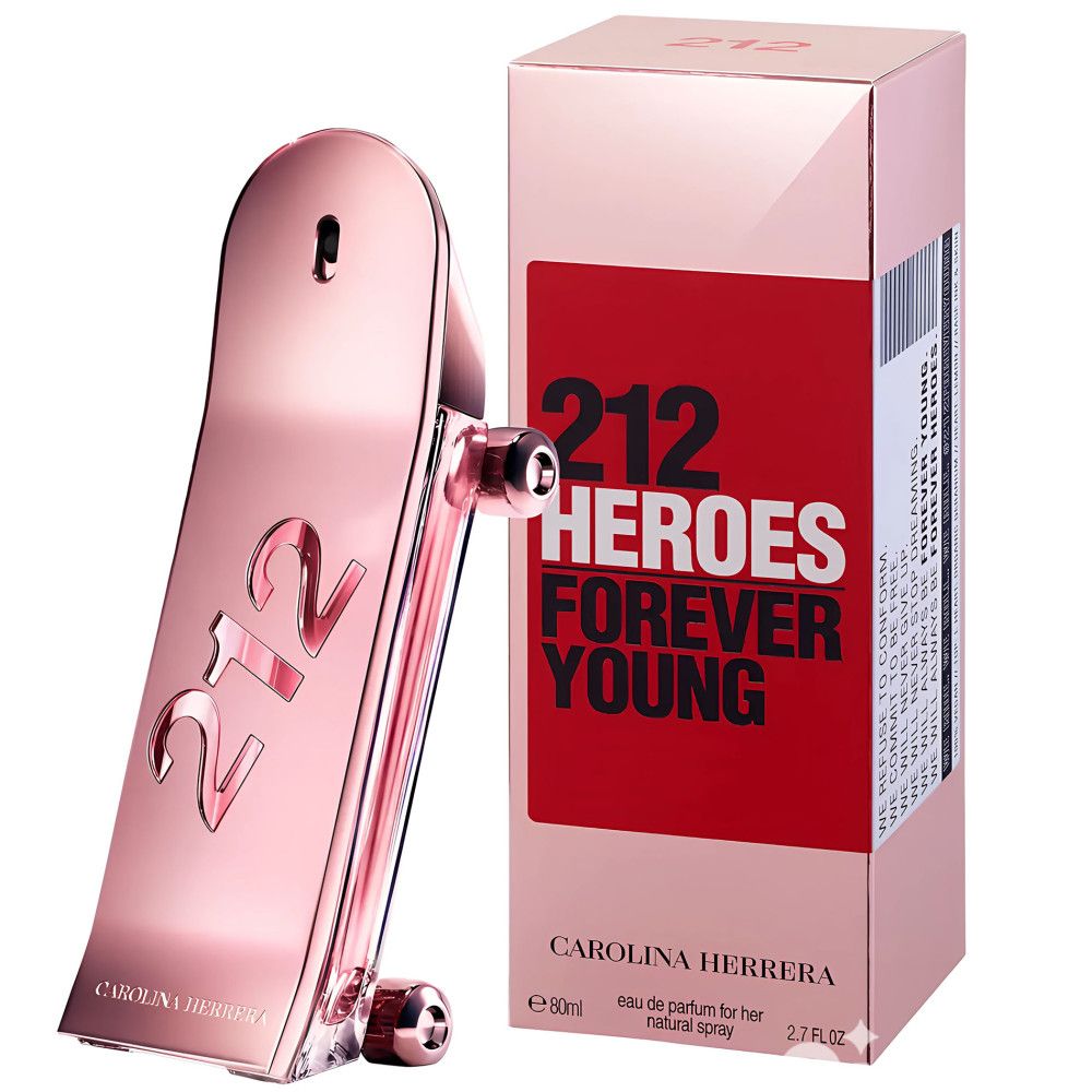 Rosafarbener Flakon und Verpackung. Aufschrift "212 Heroes Forever Young" und "Carolina Herrera".