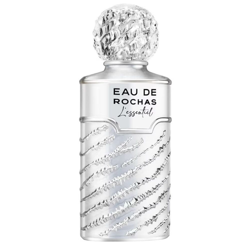 Silberfarbene Flasche mit geriffelter Oberfläche und Kappe. Aufschrift: Eau de Rochas L'Essentiel.