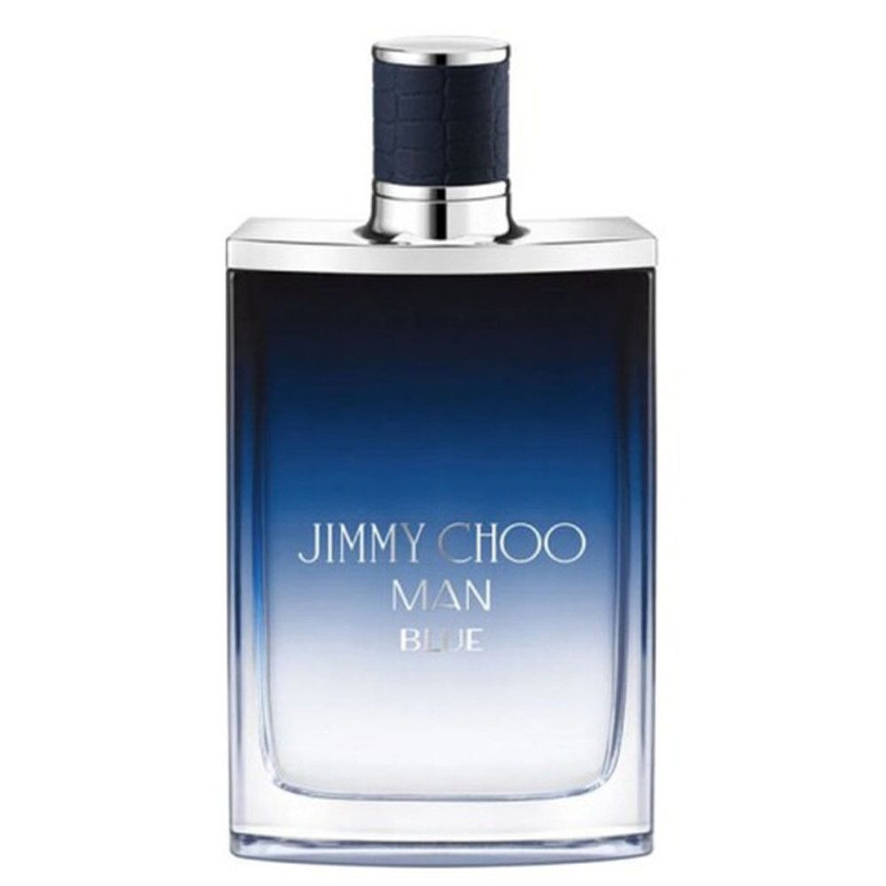 Rechteckiger Flakon Jimmy Choo Man Blue. Blau-transparente Flüssigkeit. Schwarzer Verschluss mit silbernem Ring.