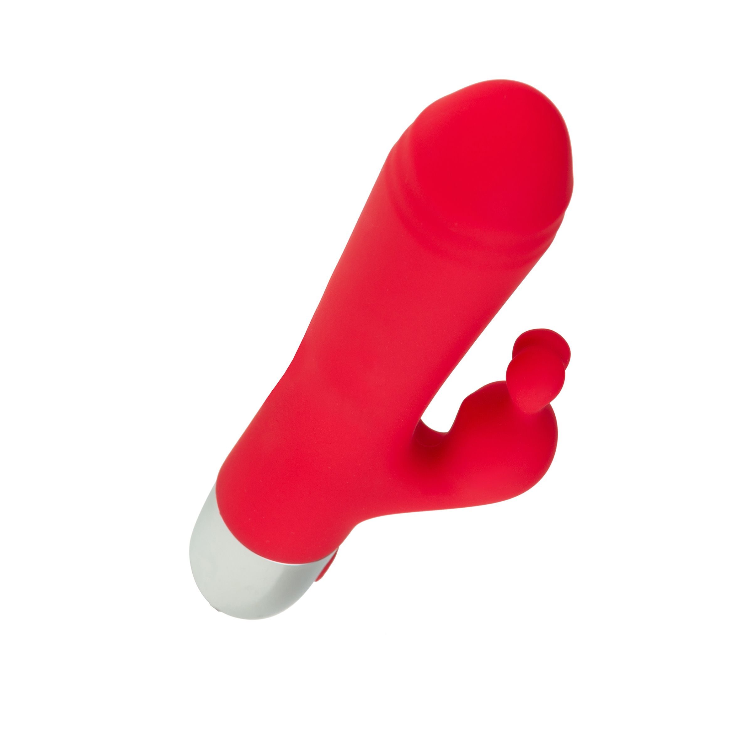 Roter Vibrator mit gebogener Spitze und silbernem Ende. Ein Knopf. Aus Silikon.