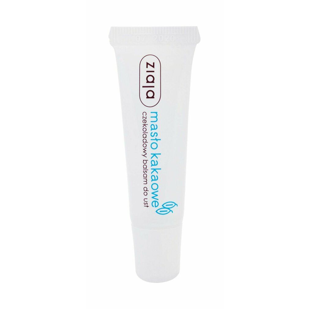 Weißer Lippenbalsam-Tuben mit blauer Schrift. Aufschrift: Ziaja, masło kakaowe, czekoladowy balsam do ust.