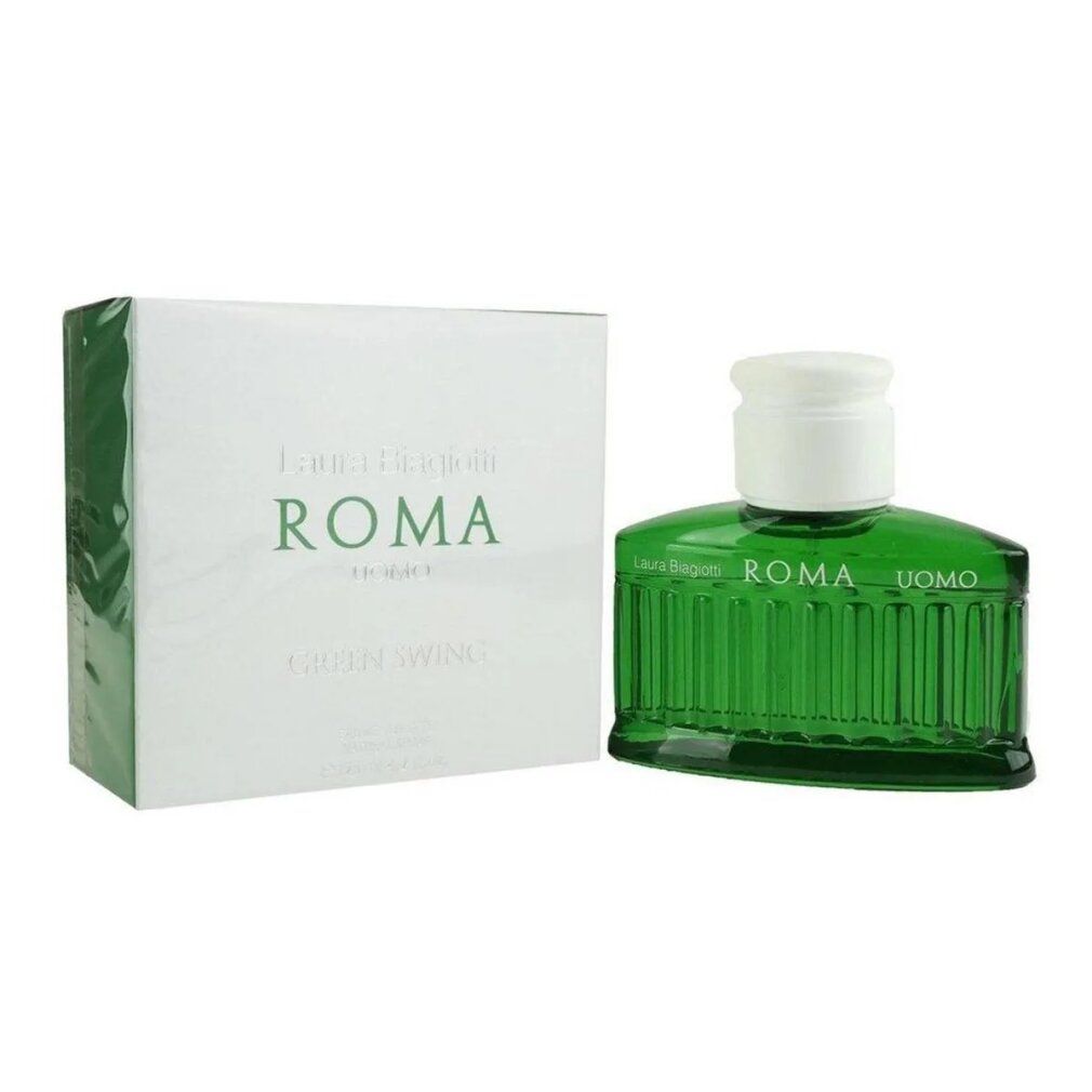 Laura Biagiotti Green Swing Eau de Toilette Flakon neben seiner Verpackung.