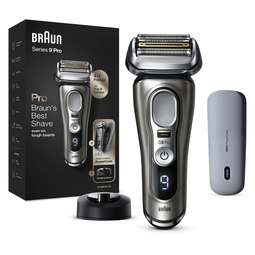 Elektrischer Rasierer Braun Series 9 Pro, Chrom. Ladestation, PowerCase und Verpackung. Digitalanzeige, 9. Aufschrift: Braun, Series 9 Pro.