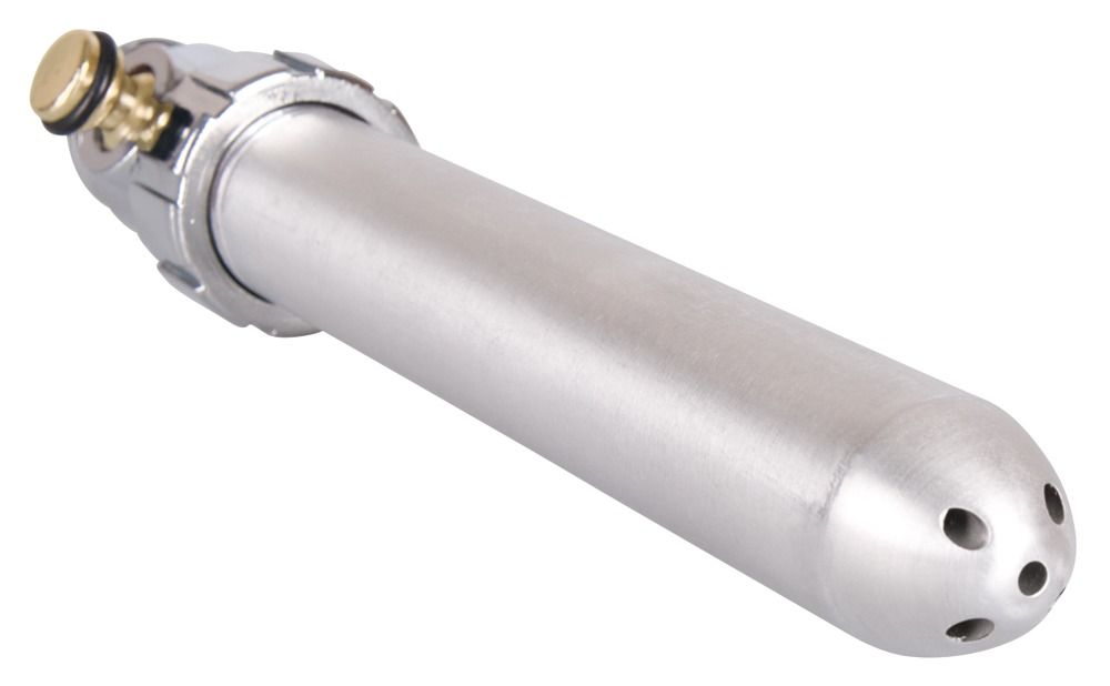 Intimdusche aus Aluminium. Zylindrischer Körper mit abgerundeter Spitze und mehreren Düsen. Chromfarbener Anschluss.