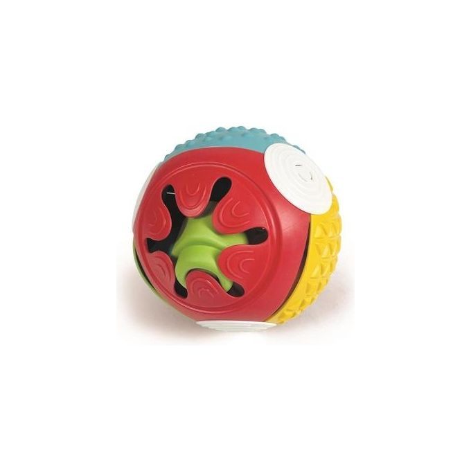 Palla multicolore con diverse texture e forme. Plastica rossa, gialla, blu e verde. Diverse trame superficiali.