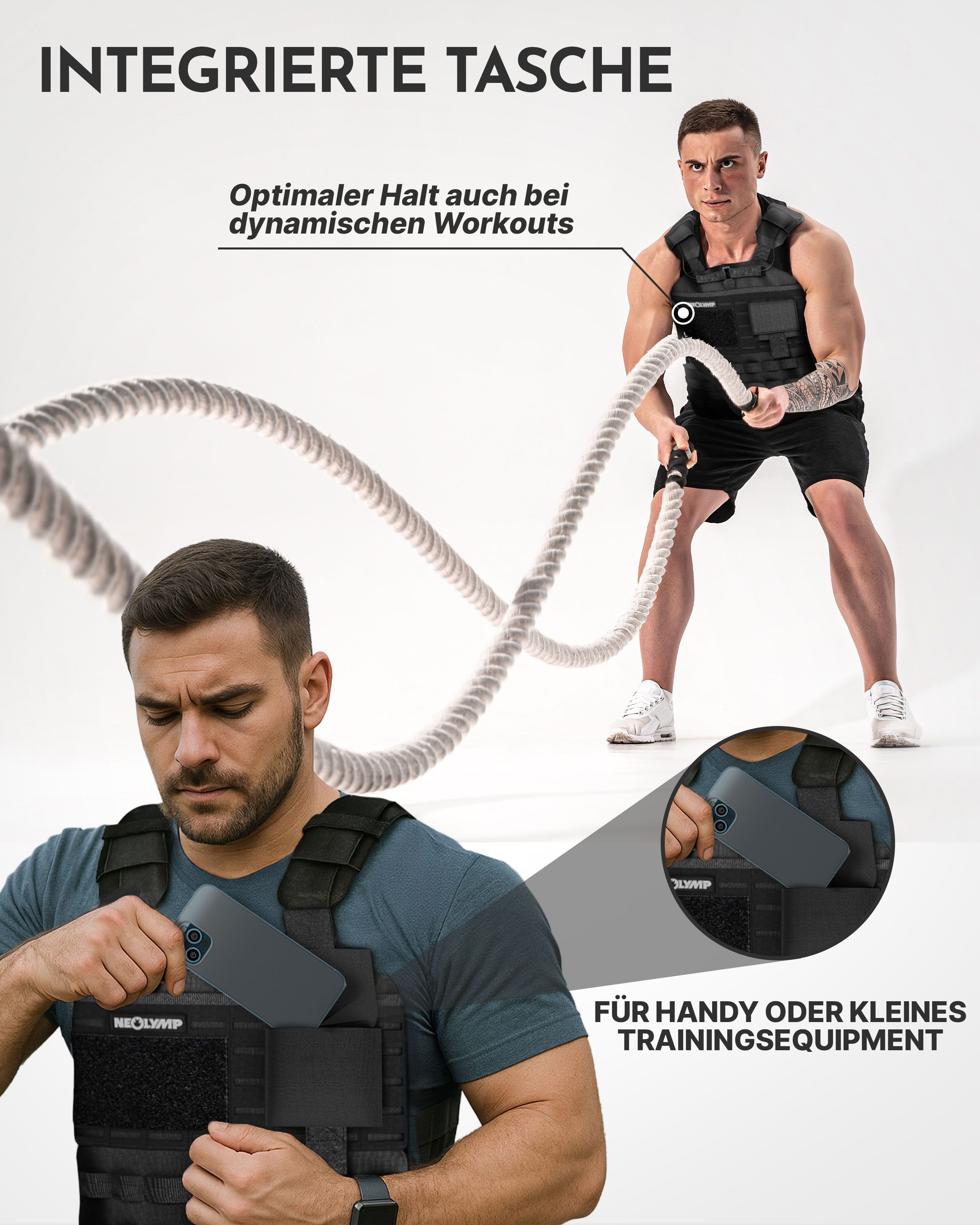 Mann trägt schwarze NEOLYMP Gewichtsweste. Text: 'Integrierte Tasche'. Nahaufnahme: Tasche mit Smartphone. Text: 'Für Handy oder kleines Trainingsequipment'.