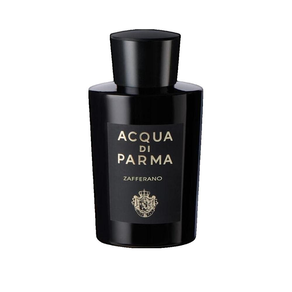 Schwarze Flasche mit schwarzem Verschluss. Aufschrift: ACQUA DI PARMA Zafferano. Logo und Schriftzug in Gold.