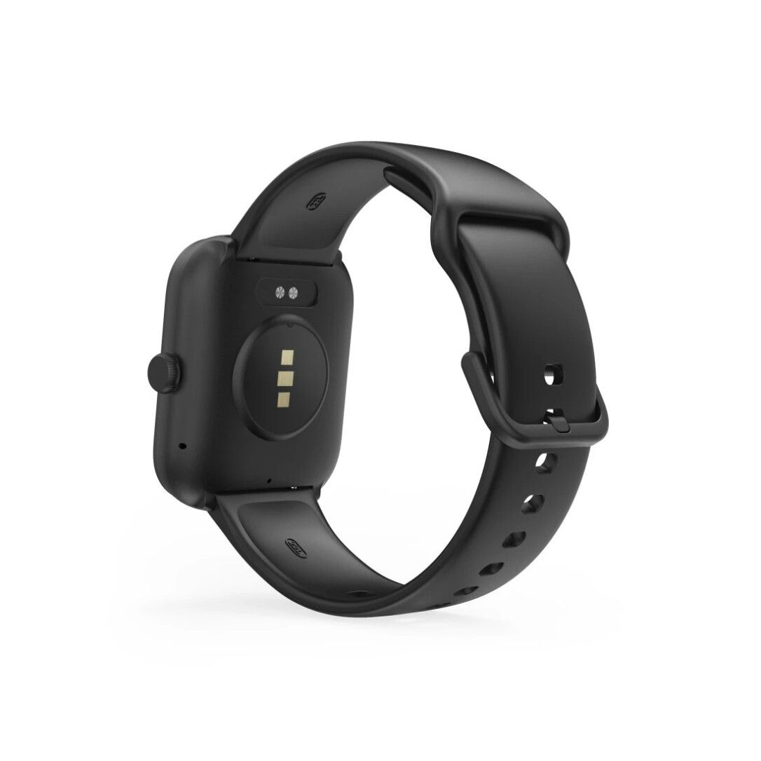 Rückseite einer schwarzen Smartwatch. Sensoren und Ladekontakte sichtbar. Schwarzes Silikonarmband.