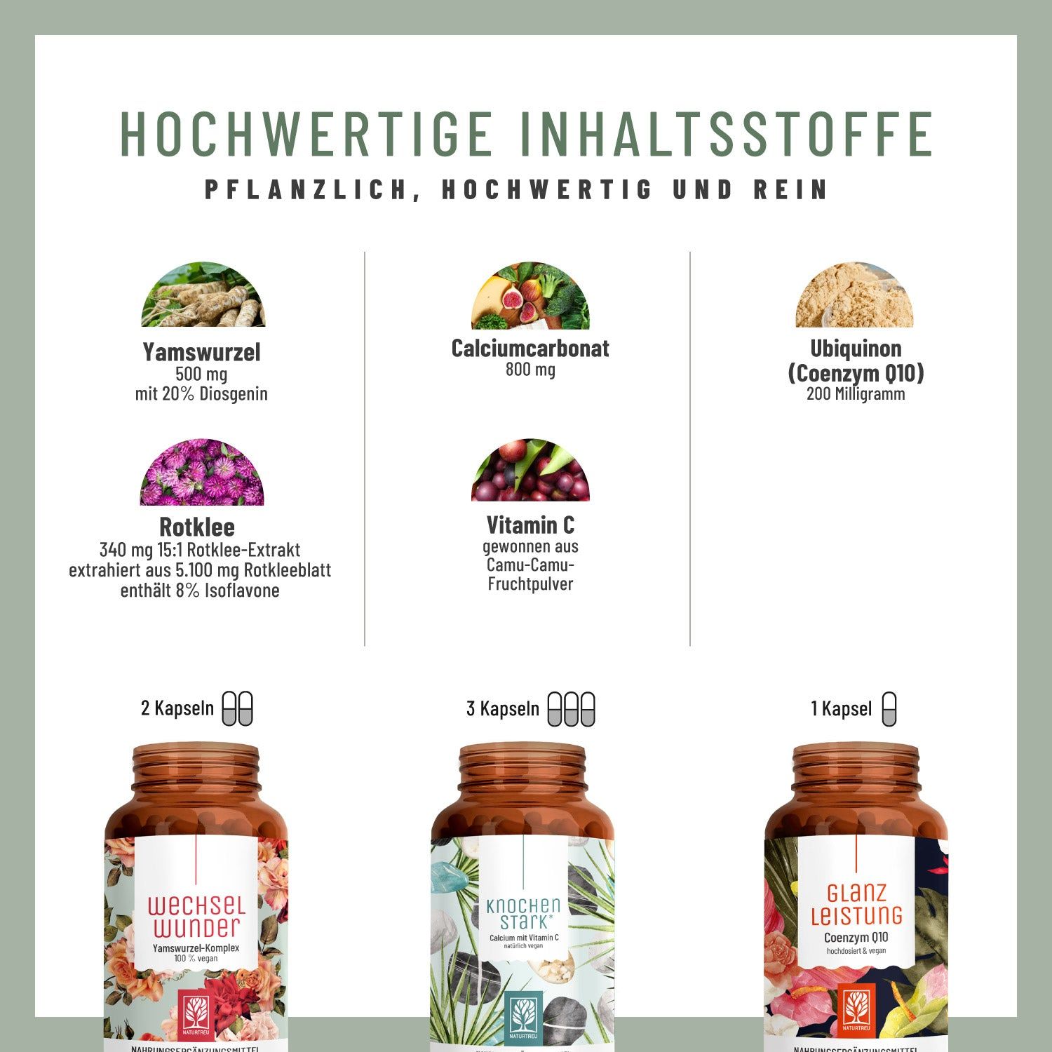 Grafik mit Inhaltsstoffen: Yams, Calciumcarbonat, Ubiquinon, Rotklee, Vitamin C. Flaschen: WechselWunder, KnochenStark, GlanzLeistung.