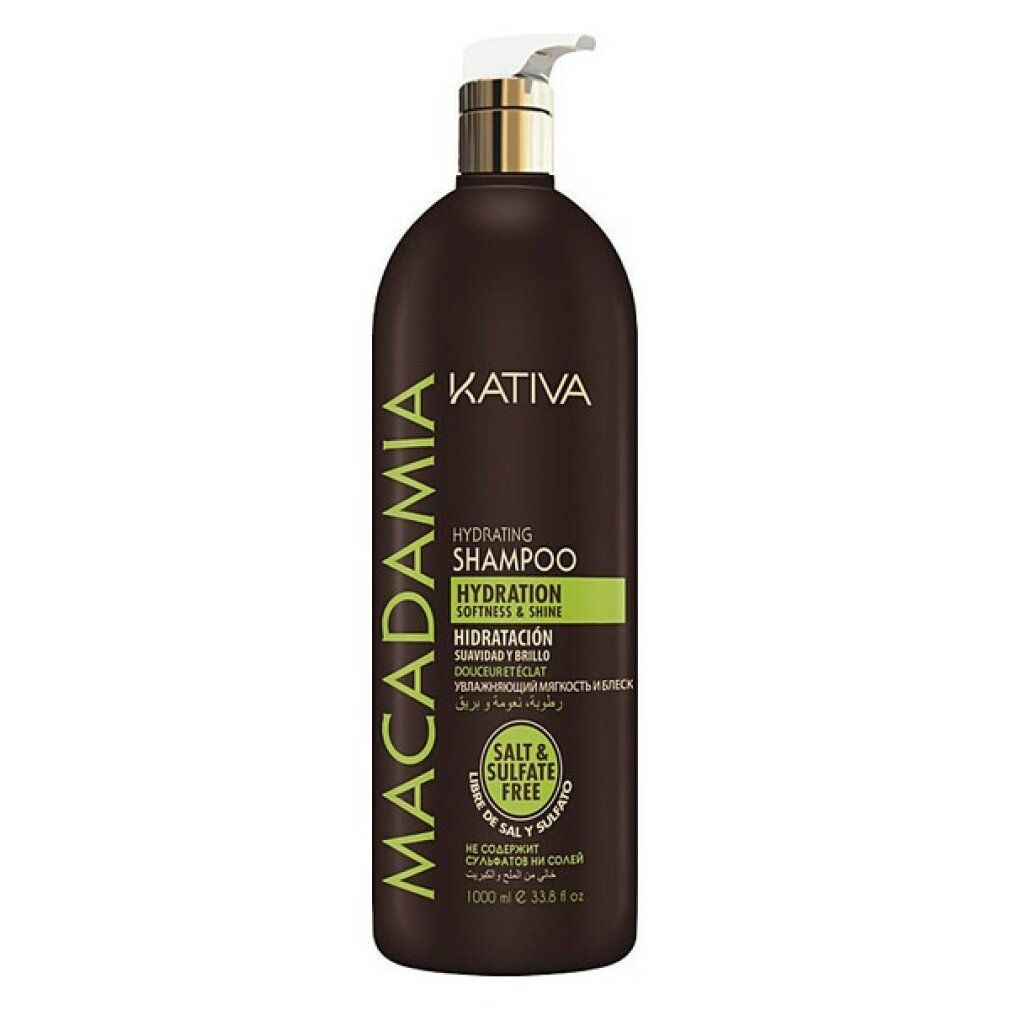 Braune Shampoo-Flasche mit weißem Pumpkopf. Aufschrift: Kativa Macadamia Hydrating Shampoo. Grün markiert: Hydratation, Sanftheit & Glanz. Ohne Salz & Sulfate.