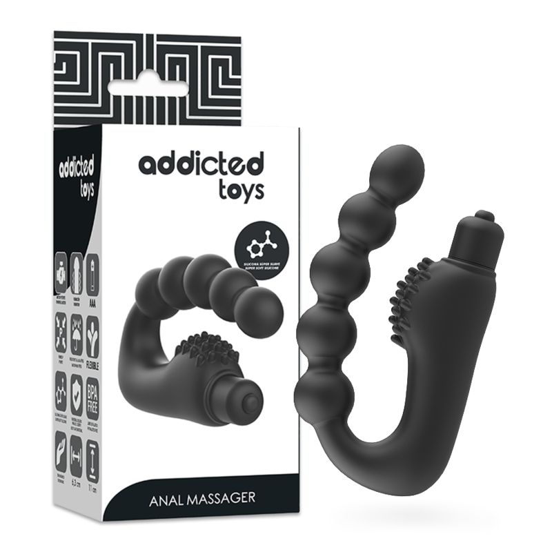 Verpackung mit Massagegerät und Produktabbildung. Aufschrift 'addicted toys' und 'ANAL MASSAGER'.