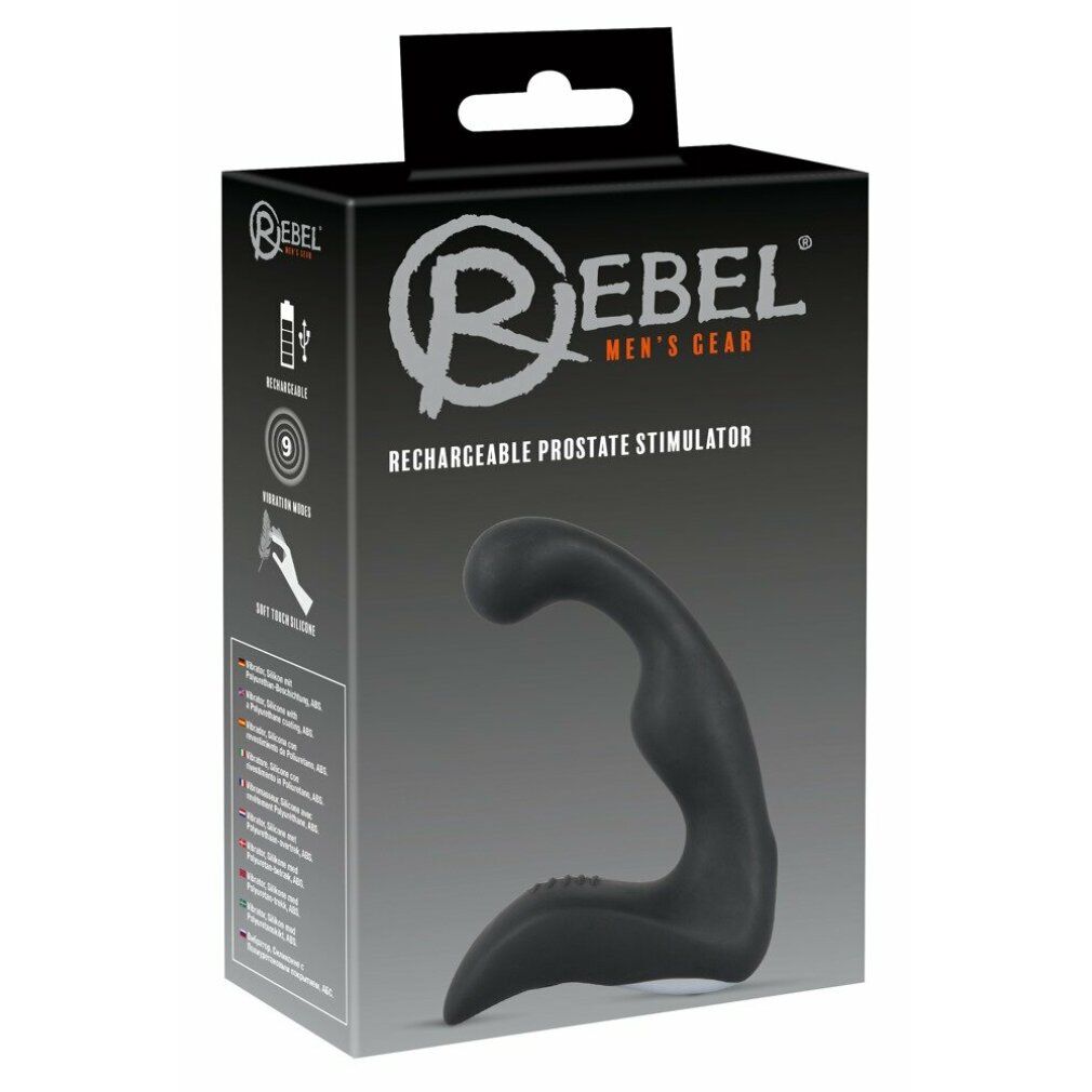 Verpackung mit Produktabbildung. Marke 'Rebel Men's Gear'. Produktname: Rechargeable Prostate Stimulator.