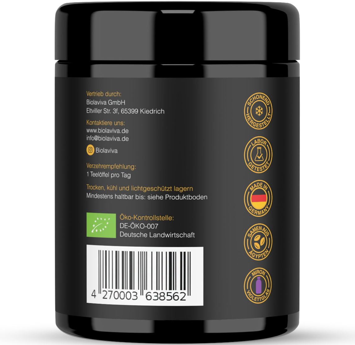 Rückseite der schwarzen Dose. Informationen zu Hersteller, Bio-Siegel, Haltbarkeit, und Barcode.