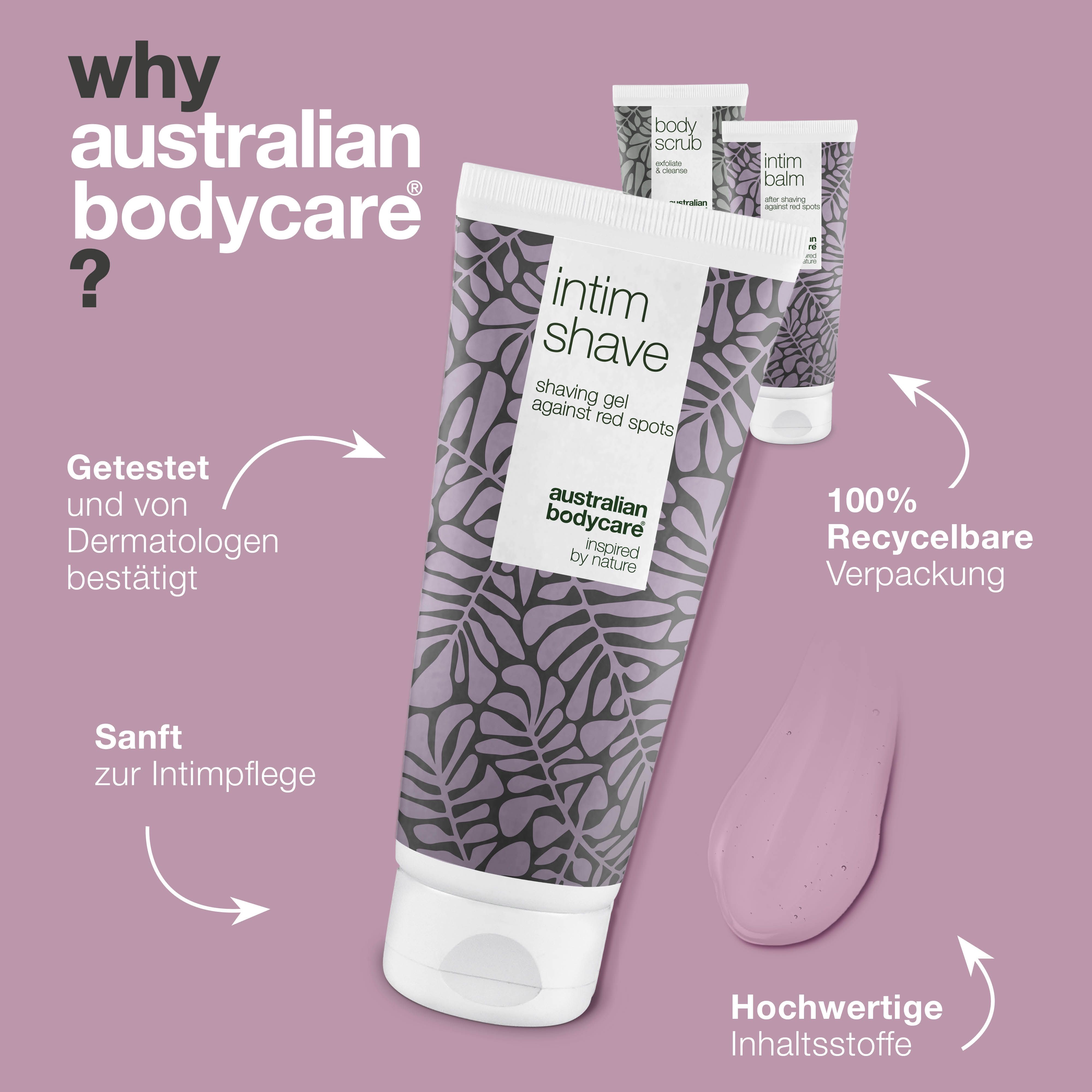 Produkt Intim Shave. Text: Shaving Gel against red spots. Getestet und von Dermatologen bestätigt. 100% recycelbare Verpackung. Rosa Gel.