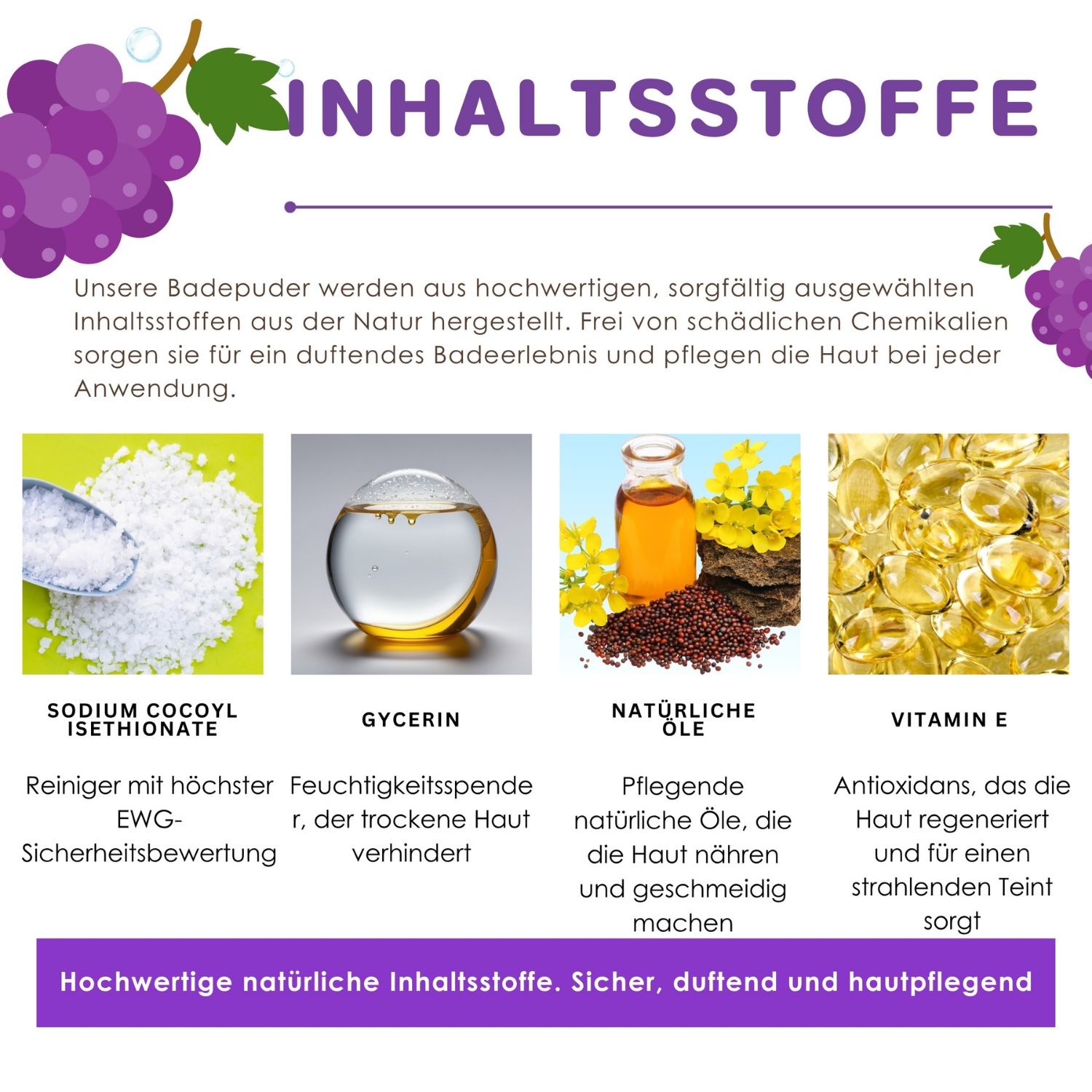 Abbildung von Inhaltsstoffen: Sodium Cocoyl Isethionate, Glycerin, natürliche Öle, Vitamin E. Text in Deutsch.