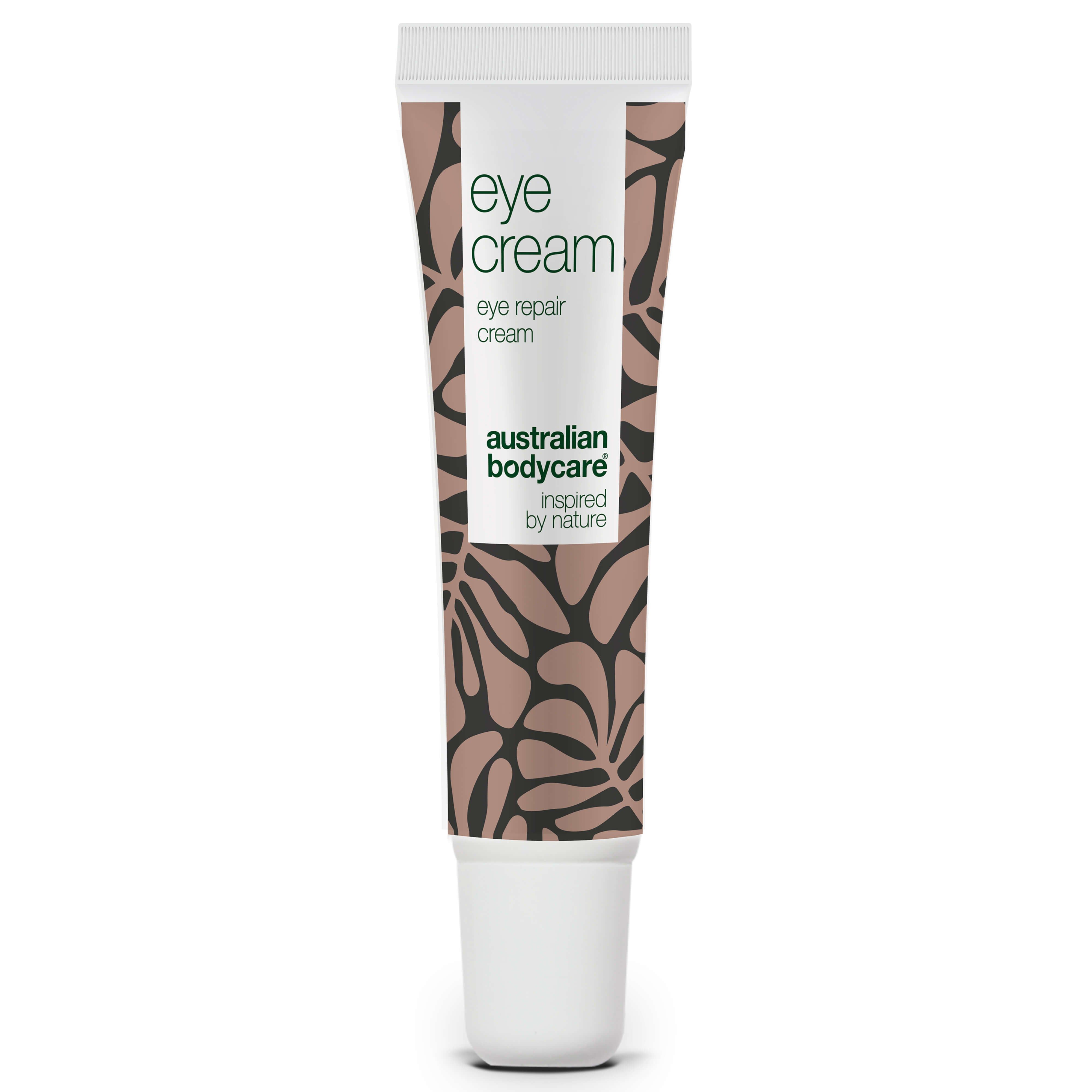 Tube mit Augencreme. Weißer Deckel, braunes Muster. Aufschrift: Eye Cream, eye repair cream, Australian Bodycare.