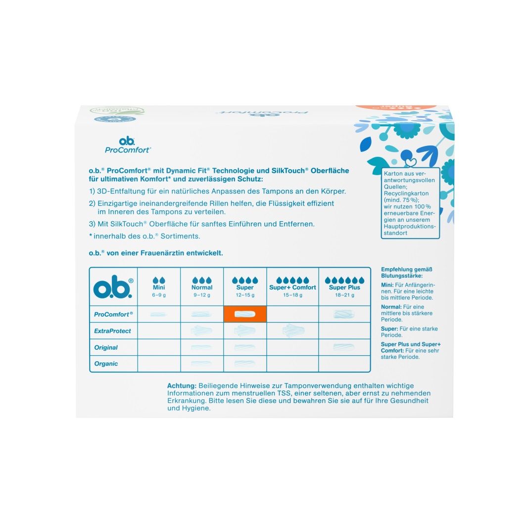 O.B. ProComfort Super Tampons. Verpackung mit gynäkologischem Test-Siegel.