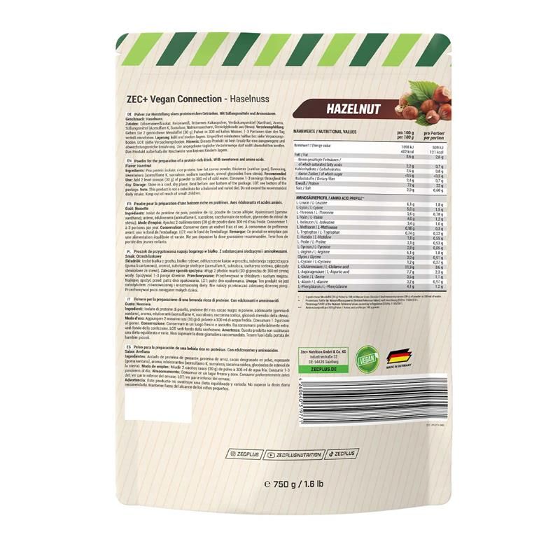 Beutel Zec+ Vegan Connection Haselnuss. Rückseite mit Nährwertangaben, Text in mehreren Sprachen. Grün-weißes Design, Siegel.