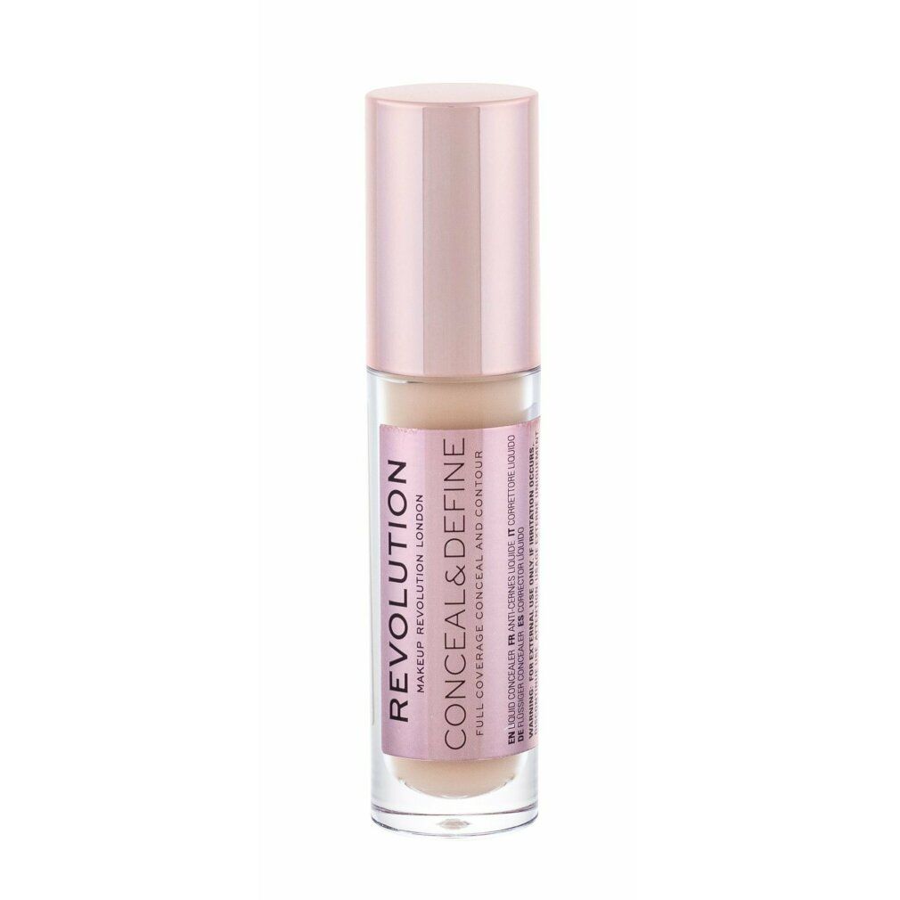 Concealer-Tube mit roségoldfarbenem Deckel. Auf dem Etikett steht "CONCEAL & DEFINE" und "MAKEUP REVOLUTION LONDON".