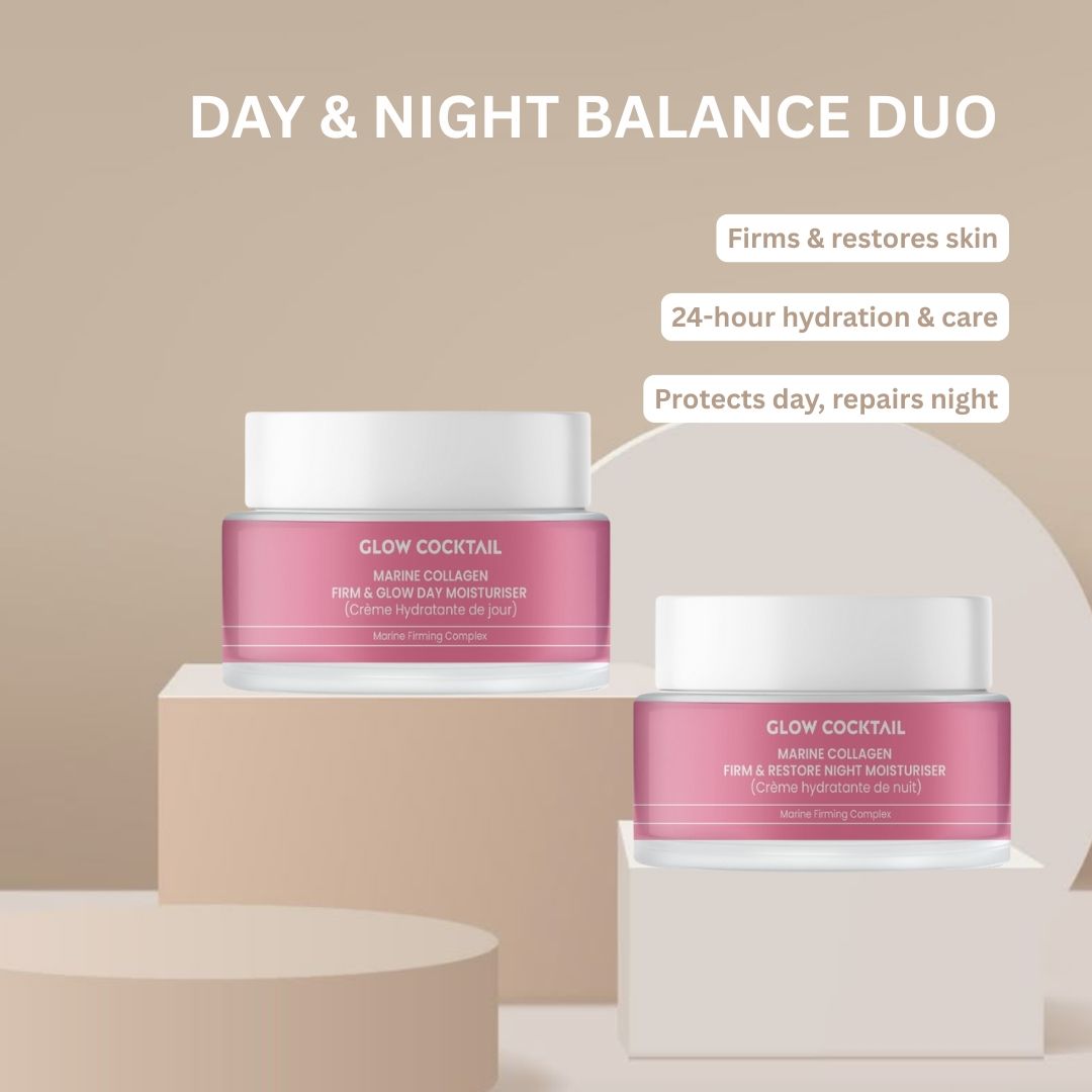 Zwei Tiegel auf Podesten. Aufschrift: Glow Cocktail, Marine Collagen, Firm & Glow Day Moisturiser, Marine Firming Complex. Text: Day & Night Balance Duo.