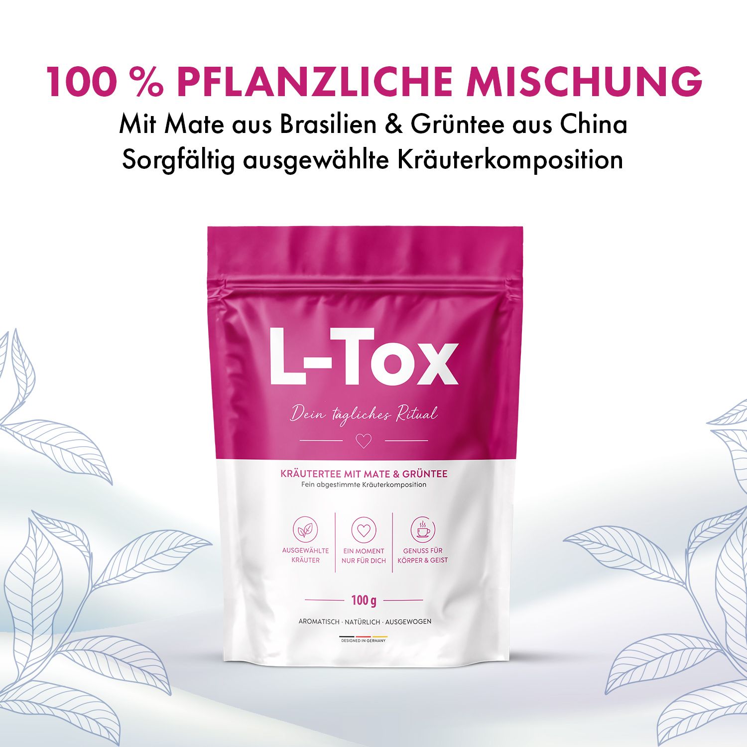 L-Tox Kräutertee, 100% pflanzliche Mischung mit Mate aus Brasilien und Grüntee aus China.
