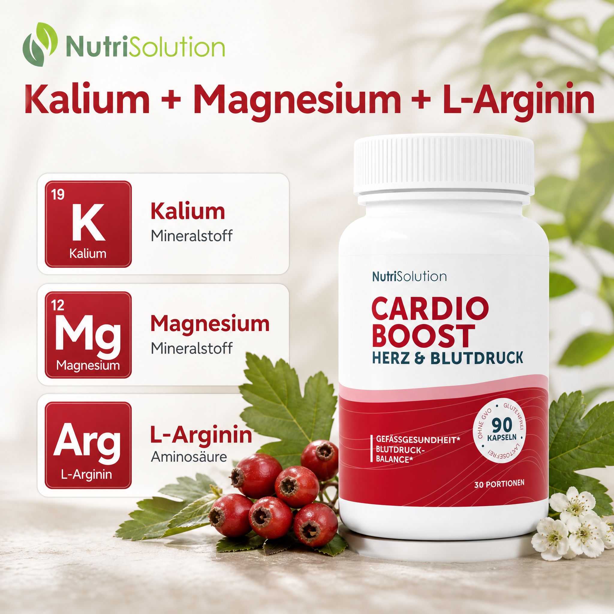 NutriSolution Cardio Boost mit Kalium, Magnesium, L-Arginin. 90 Kapseln.